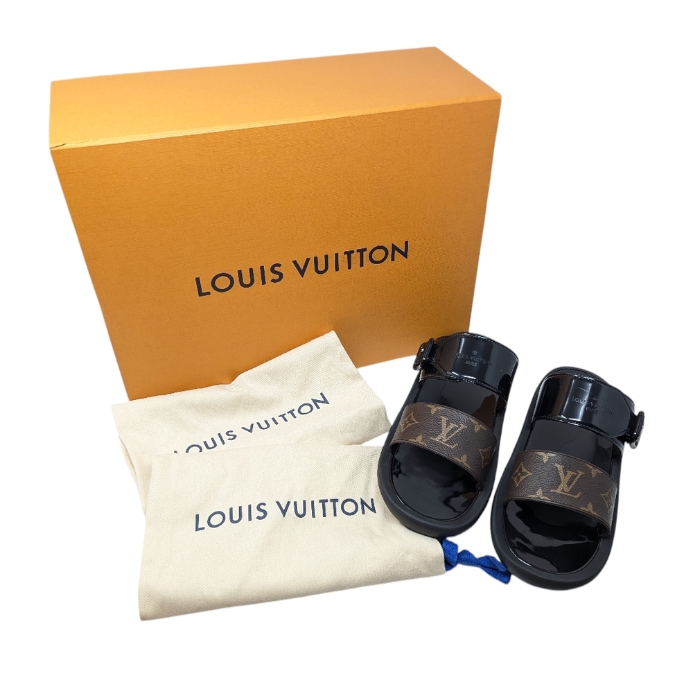 Louis Vuitton Sunbath Black Patent Brown Monogram Slide Sandals Size EU 39